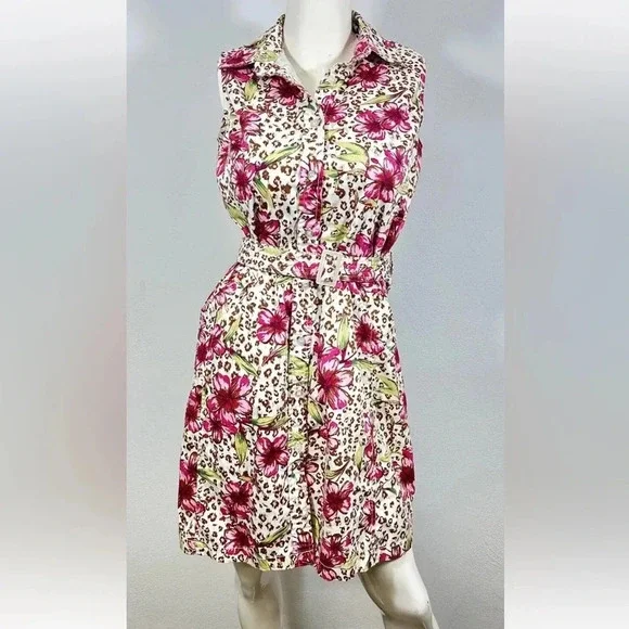 White Stag Button Front Sleeveless Leopard Floral Shirt Dress Ladies 8 Belted - Picture 1 of 8